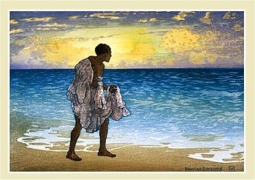 Postcard of a man walking
                    along the ocean